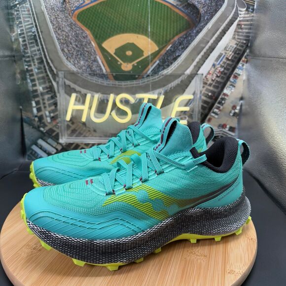 Saucony Endorphin Trail running Shies Women's Cool Mist/Acid Sz 9 - Picture 2 of 10